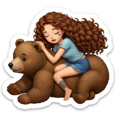cute woman long curly brown hair tattoos riding sleepy bear sticker