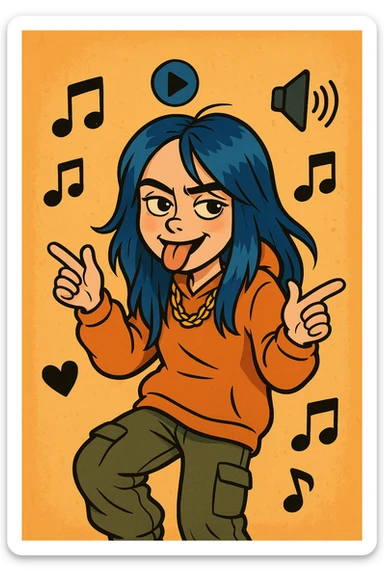 cartoon style portrait of Billie Eilish with blue hair, baggy clothes, playful pose, music icon sticker
