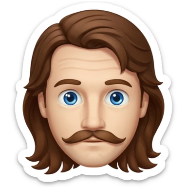 Benson Boone (b.2002) with blue eyes, brown long wavy hair and thin mustache sticker