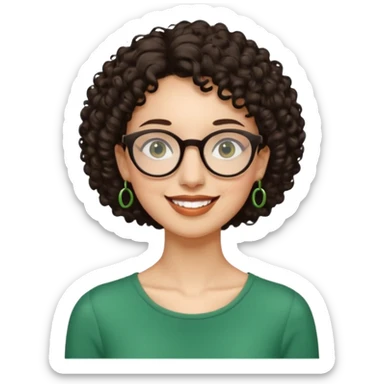 Slim, very slender woman with light skin, short dark curly hair, large brown eyes, black round glasses, big green earrings, thin arms and narrow shoulders, warm wide smile, friendly and intelligent expression. sticker