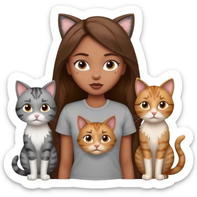 a pretty bratz dusky girl with long brown hair with four cats nd wearing a grey tshirt sticker