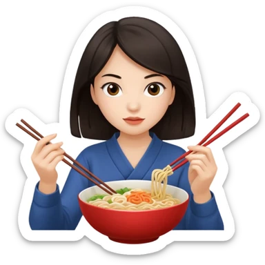 chica joven con piel clara y pelo oscuro comiendo un bowl de comida sticker