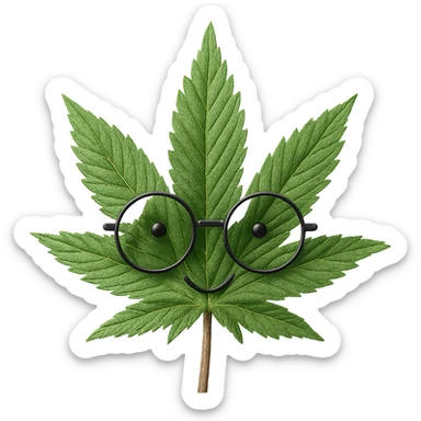Make this weed leaf with glasses look more realistic, keep the glasses, and maintain no background. The style should be realistic with natural textures and details on the leaf and glasses. sticker