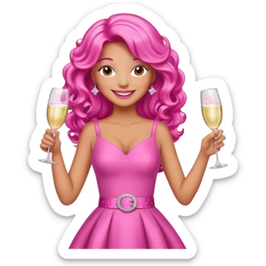 One lady with long hot pink curled hair and tan skin wearing a pink dress with sparkly belt holding a glass of pink champagne in each hand smiling cheerfully  sticker