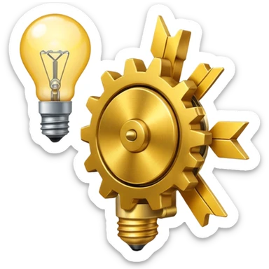 a gear with golden raising arrow behind it on the right side, and then a small golden beaming light bulb on the left side sticker