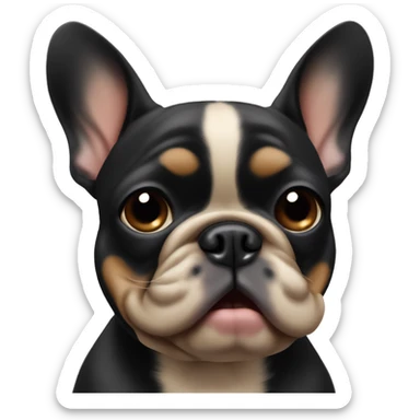 A small, black-and-tan French bulldog with a mostly black face and tan paws, tilting its head slightly with wide, puzzled eyes and a slightly furrowed brow, perhaps with a small question mark near its head sticker