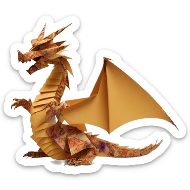 Charred flaming Beige Origami dragon made of newspapers on fire letters on fire burnt paper surrounded by fairy lights swirls covered in dried flowers bokeh floral flowers fire flames sticker