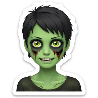 Green zombie girl with messy black short hair with lashes and torn cheek and smiling face sticker