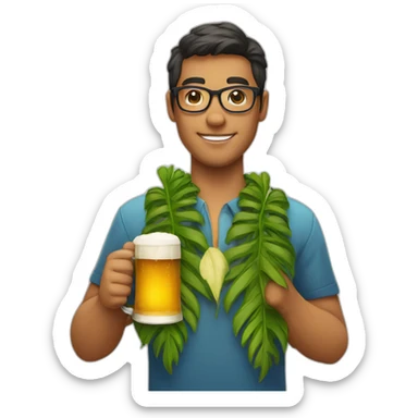 person wearing glasses alohashirt is holding beer sticker