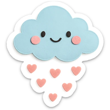 adorable pastel small fluffy cloud, raining tiny pink hearts, no arms or legs, full body, kawaii paper craft style sticker