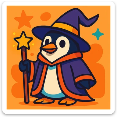 a penguin dressed as a wizard, with a pointy hat and a magic staff, charming colorful style sticker