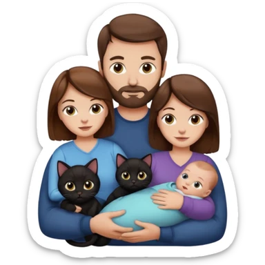 1 mom brown hair, 1 dad no beard, 1 baby and 1 black cat sticker