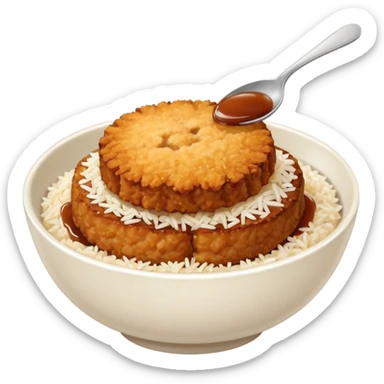 bowl filled with rice, a bit of brown sauce over the rice and a breaded pork cutlet over it sticker