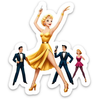 Vintage movie poster-style icon for a musical film. The cityscape glows in the background, evoking the golden era of musicals. A vibrant street scene with bright lights, dancers mid-step, a singer with a microphone among the skyscrapers. Transparent background. sticker