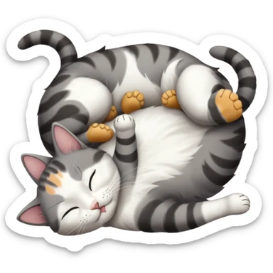 grey and white small cat eyes closed lying down upside down with paws stretched out straight in different directions sticker