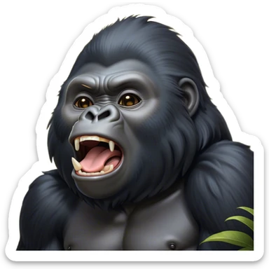Cinematic Cute Yawning mountain Gorilla Portrait Emoji, Head tilted slightly with a dramatic, wide-open yawn, showcasing a formidable build with a silvery mane and drowsy, half-closed eyes, Simplified yet irresistibly adorable features, highly detailed, glowing with a soft, cozy jungle glow, high shine, relaxed yet expressive, stylized with a dash of whimsical primate charm, soft glowing outline, capturing the essence of a drowsy yet affectionate guardian that appears ready to stretch out for a nap! sticker