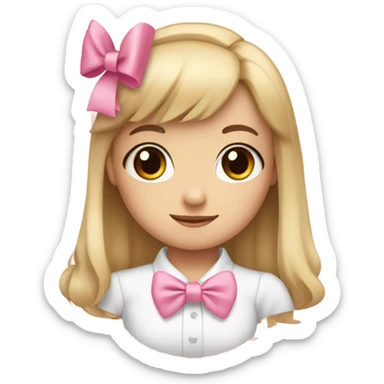 A cute emoji-style girl brown eyes, fair skin, and long blonde hair with bangs . She has two big pink bows on both sides of her head and wears a white blouse with a pink bow tie. sticker