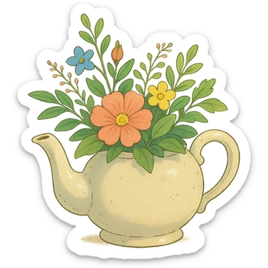 teapot with flowers and leaves in ghibli style, delicate, detailed, natural elements sticker