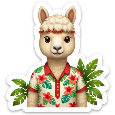 White alpaca wearing tropical shirt and red name tag  sticker