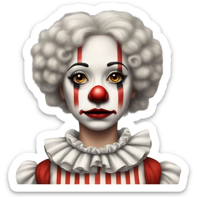 Sad Old fashioned girl clown in fluffy collar with clown makeup in a white and red striped clown outfit  sticker