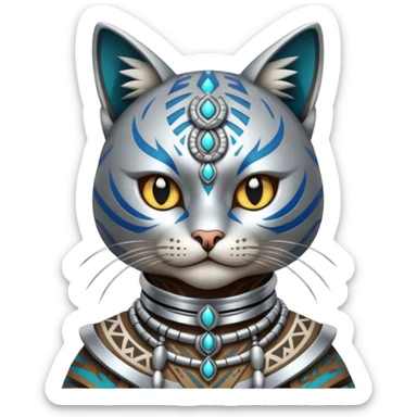cat, wear tribal shaman cloth, cyberborg sticker