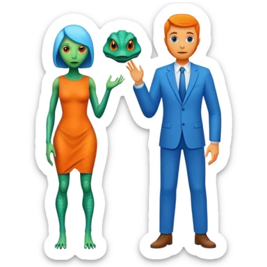 A reptilian alien woman in orange dress and human man in blue dress sticker