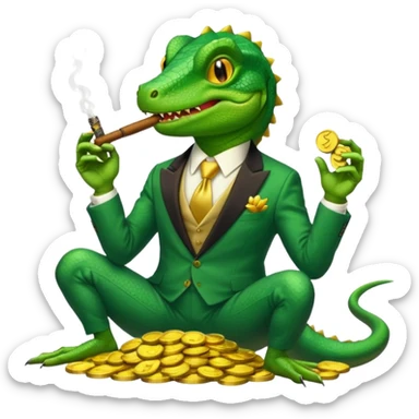 cunning capitalist lizard in a suit holding a cigar, sitting on a pile of gold coins, apple emoji style, no text sticker