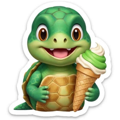 cute turtle portrait, head and shoulders only, licking an ice cream cone, funny happy expression, 3D cartoon, mobile game icon style, clean background, no text, no watermark
 sticker