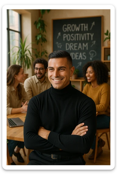 A confident man sitting in a cozy, modern coworking space, surrounded by positive, driven people engaged in creative conversation. He listens, learns, and occasionally smiles, visibly elevated by their presence. Behind him, a chalkboard or whiteboard with empowering words and ideas. The environment is filled with natural light, plants, and soft wooden textures. The atmosphere suggests emotional growth, support, and personal development. sticker