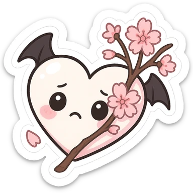 goth sakura heart, white heart with sakura branch and blossoms, pink highlights, playful and sweet sticker