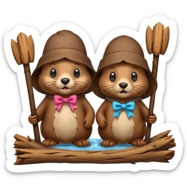 a beaver couple, one a female with a bow on her head in a beaver home made of sticks and logs sticker