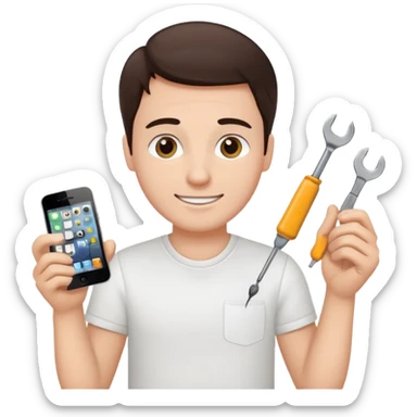make a white guy with dark brown hair, with a simple white o grey shirt, repairing an iphone happy, tecnician with small tools sticker