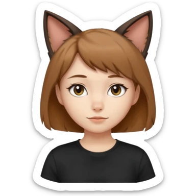 a girl with short brown wolf cut , cat ears and a tail, with a black t-shirt on sticker