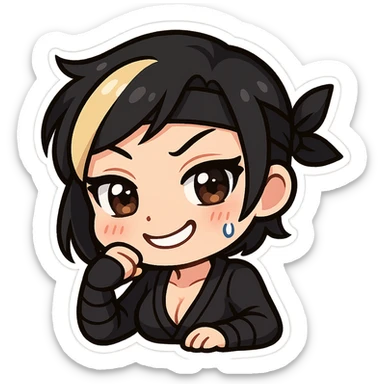 Make the design even more kawaii chibi: super cute, big sparkling eyes, rounder face, smaller mouth, extra soft colors, sexy chibi ninja girl with black short hair and a blonde streak, only head and arms, colorful chibi style, bold outlines, transparent background, no mask, smug grin with a little sweat drop and a teasing expression, sized for Twitch emoji use. sticker