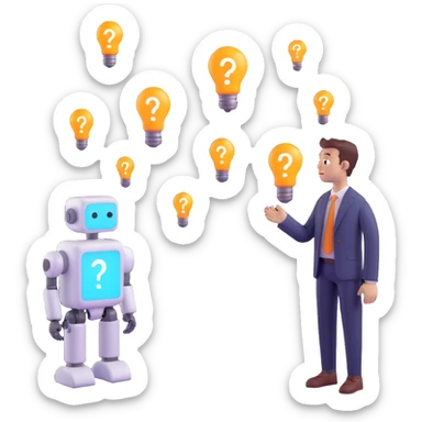 3D emoji style illustration of a thoughtful person looking at a friendly AI robot, with question marks and lightbulbs above their heads, representing curiosity and concern about the future of work with AI sticker