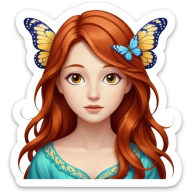 Woman with long flowing auburn hair wearing a butterfly sticker