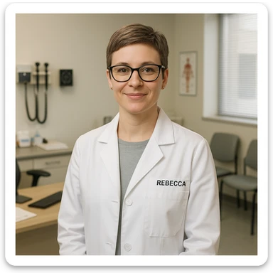A female doctor named Rebecca, short hair, glasses, in a lab coat, standing in a clinic sticker