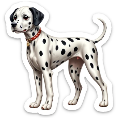 Cinematic Realistic full-body portrait of a Dalmatian dog, rendered with glossy, meticulously detailed spotted fur and expressive, alert eyes, set against a clean, neutral backdrop that highlights its regal and athletic stance. sticker