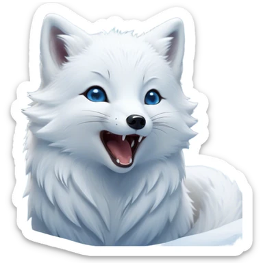 Cinematic Cute Yawning Arctic Fox Portrait Emoji, Head tilted slightly with a dramatic, wide-open yawn, showcasing a soft, downy white Fur with subtle icy blue accents and gently drooping ears, round eyes barely open in drowsy contentment, Simplified yet irresistibly adorable features, highly detailed, glowing with a soft, cozy glow, high shine, relaxed yet expressive, stylized with a touch of arctic whimsy, bright and endearing, soft glowing outline, capturing the essence of a sleepy yet affectionate arctic fox, so drowsy it feels like it could stretch out of the screen and curl up for a nap! sticker