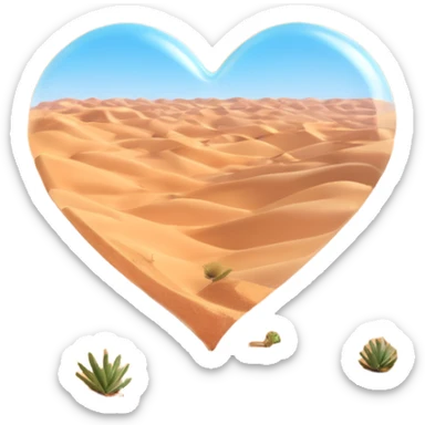 transparent heart-shaped emoji with barren desert sand dunes inside, no plants, clear glass effect sticker