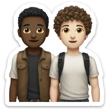 two boys holding hands one white skin with brown curly hair jaw length other white skin black short hair slightly longer on top sticker