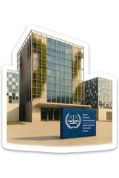 cinematic, realistic emoji of the International Criminal Court (ICC) building in The Hague, featuring majestic, bright, modern architecture, lifelike detail, bright lighting, its iconic sign, and accurate colors, isolated against a transparent background sticker
