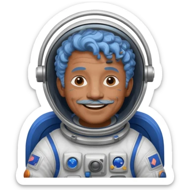 old man, brown skin astronaut with curly blue hair, smile sticker