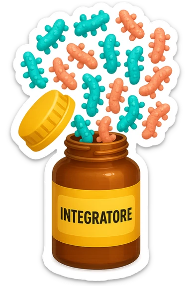 EMOJI STILE IPHONE DI boccetta di integratore con la scritta "INTEGRATORE" SULL'ETICHETTA, con batteri intestinali turchesi e rosa salmone che escono, IPERREALISTICO 4K sticker