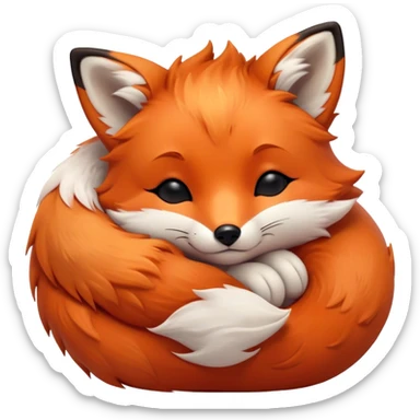 Cinematic cute sleepy fox, curled into a cozy fluffy ball, warm glowing fur, tiny black nose resting on its tail, soft breathing visible, peaceful and charming. sticker