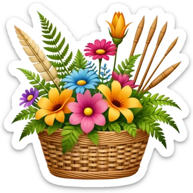 Icon for Floristry: a bouquet of flowers in a woven basket, with reeds, ferns and floral arranging tools nearby, like scissors and a flower stem. The icon should represent creativity in flower design and arranging. Transparent background. sticker