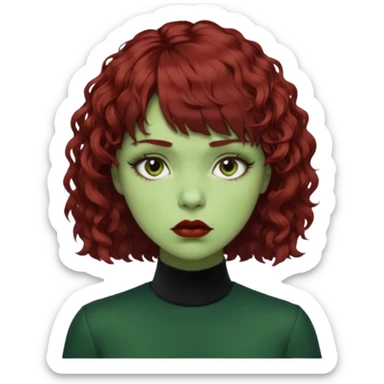 quero que você cria uma mulher, o rosto dela. nela, ela tem cabelo curto e ondulado, tem franja e ela tem semblante triste(cabelo cor meio preto avermelhado) deixe mais cacheado, faça ela bem alternativa (estilo) deixe ela com cor de pele verde sticker