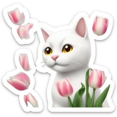 Gato blanco dando tulipanes rosas sticker