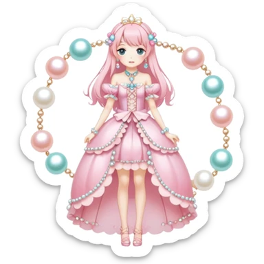 Gorgeous anime style-Ladies-Full body shot-Blush-Full accessories-House core-Fairy core-Kawaii anime-Colorful-Pearls-Romantic-Aesthetic pop style sticker