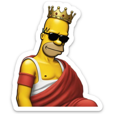 Half body portrait of homer simpson wearing a red cloth, black sunglasses and a crown and sitting in a huge thorn sticker